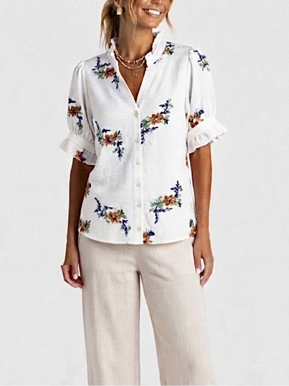 KINDRED EMBROIDERED PUFF SLEEVE RUFFLE SHIRT 1X/2X WHITE FEMININE COQUETTE $65